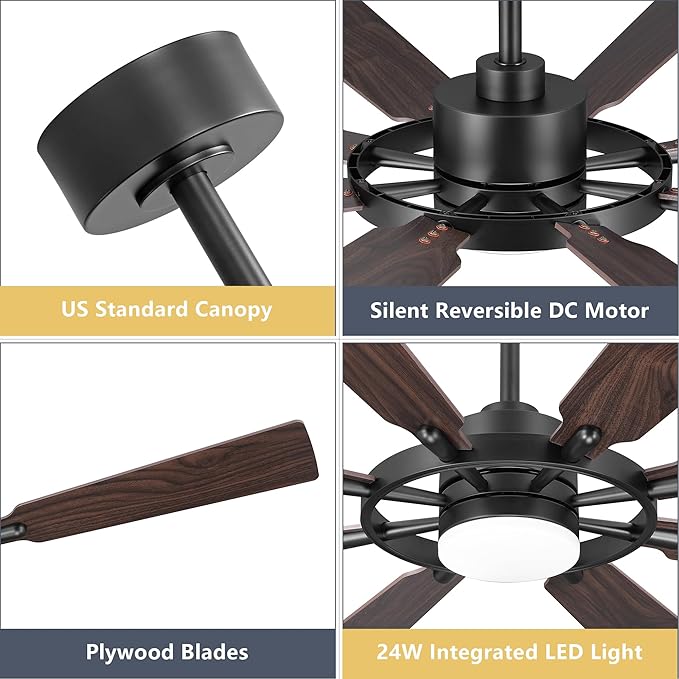 60/80 inch Ceiling Fan (Black-Walnut, 72" (LED Light / 3 Downrods))