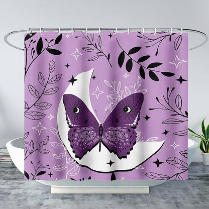 AILONEN Butterfly Shower Curtain for Bathroom Sun and Moon Purple Boho Bath Curtain 72" W*84" H Polyester Fabric Waterproof Bathroom Curtain with 12 Hooks