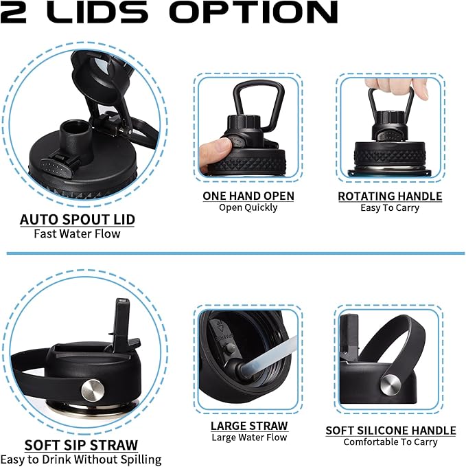 64OZ Vacuum Insulated Water Bottle - Keep Hot Cold Vacuum Flasks with Straw & Spout Lids, Paracord Handle, Water Bottler Carrier Holder & Protective Cup Mat, 1.8L Stainless Steel Water Jug