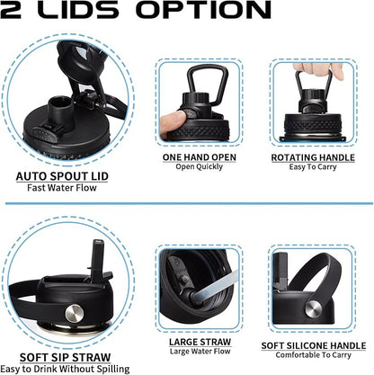 64OZ Vacuum Insulated Water Bottle - Keep Hot Cold Vacuum Flasks with Straw & Spout Lids, Paracord Handle, Water Bottler Carrier Holder & Protective Cup Mat, 1.8L Stainless Steel Water Jug