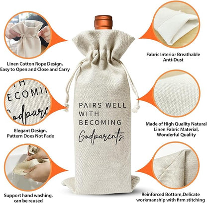 Godparents Poposal Gift, Wine Bag for Wine Bottle Gift, Becoming A Godparents, Baptism Decor, Pregnancy Announcement or Baby Announcement Gift for New Godparents, Baby Shower or Party Favor