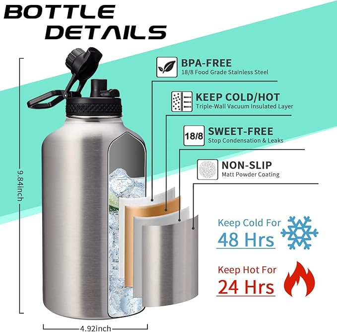 64 oz Insulated Water Bottle Stainless Steel - Gallon Water Bottle with Straw, Half Gallon Water Jug Wide Mouth, Sweat-Proof Metal Flask Mug with Paracord Handle For Gym Camping Hiking