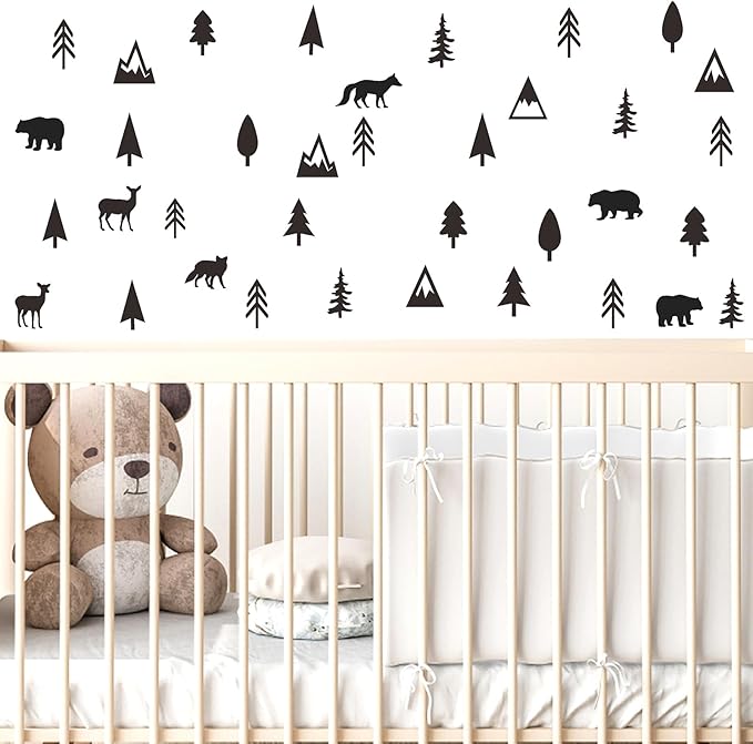 Woodland Animal Wall Stickers Small Pine Tree Wall Decals Vinyl Black Wall Decals Mountain Tree Animals Wall Stickers Jungle Deer Bear Fox Forest Wall Decals Woodland Nursery Kids Room Decor