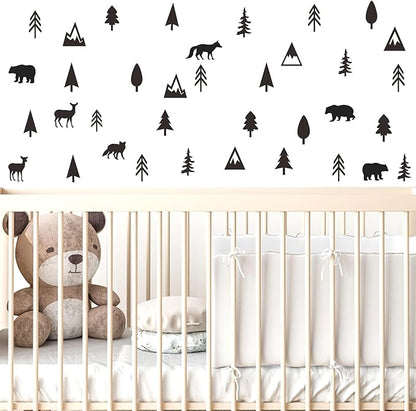Woodland Animal Wall Stickers Small Pine Tree Wall Decals Vinyl Black Wall Decals Mountain Tree Animals Wall Stickers Jungle Deer Bear Fox Forest Wall Decals Woodland Nursery Kids Room Decor