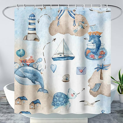 AILONEN Cartoon Dolphin Hower Curtain,Cute Sea Turtle Shower Curtain for Bathroom,Nautical Theme Bath Curtain,Watercolor Blue Waterproof Fabric Shower Curtain Set for Kids Girls,Boys,72" W*96" H