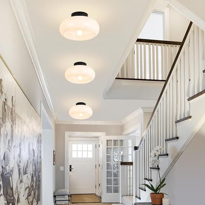 Mid-Century Modern Semi Flush Mount Ceiling Light, Metal Kitchen Light Fixture with Glass Shade,Vintage White and Black Colse to Ceiling Lamp for Entryway Hallway Bathroom (11.0 Inch)