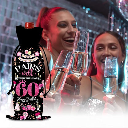 60th Birthday Gifts for Women Men Wine Bag, Cool Gifts for 60 Year Old Woman, 60th Birthday Party Decorations for Woman Men, Pairs Well with Turning 60 Wine Bags (Black Pink)