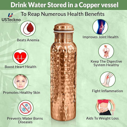 Copper Water Bottle - 34 Oz Extra Large Hammered Ayurvedic Copper Bottle for Travel,Yoga,Gym Lower Your Sugar Intake And Enjoy Health Benefits Immediately. Lab Tested (Hammered Finish)
