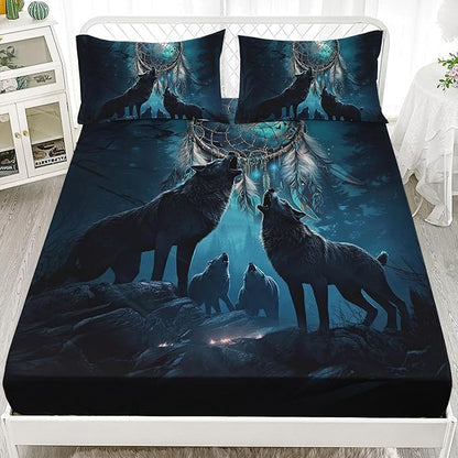AILONEN Howling Wolf Fitted Sheet Set Twin Size, 3 Pieces Teen Boys Bedding Set Safari Animal Themed Sheet Set,Dreamcatcher Bed Sheet Set Evening Forest Wolf Fitted Sheet with 2 Pillowcases