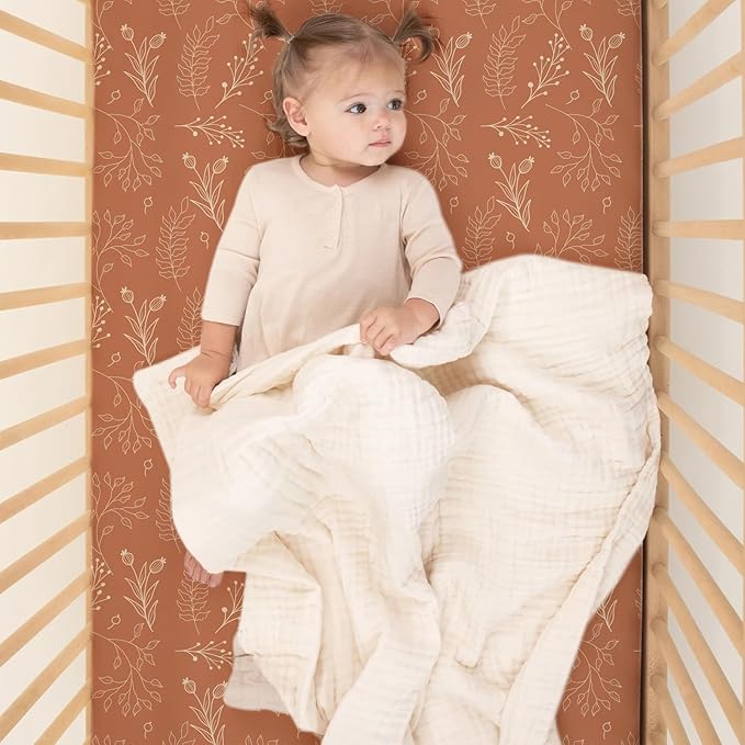 ACRABROS Crib Sheets for Girl Boy: Stretchy Baby Fitted Crib Mattress Sheets Sets 2 Pack Standard Size Ultra Soft Neutral, Fox&Leaf