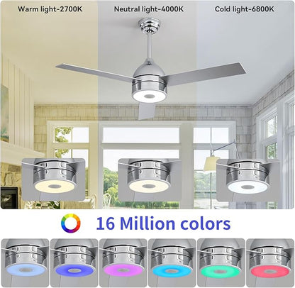 52 Inch Plated Finish Ceiling Fan with RGB Dimming LED Light,with Music Bluetooth Speaker,Remote Control,3-Speed Regulation,Reversible Motor,Timing,for Living Room,Bedroom,Restaurant,Outdoor