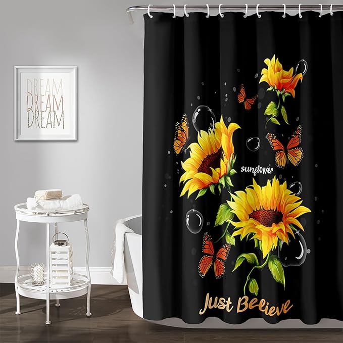 AILONEN Sunflower Shower Curtain for Bathroom,Butterfly Sunflower Bath Curtain Waterproof,Garden Yellow Flower Decor Bathroom Black Curtain with 12 Plastic Hooks, 72" W x 78" H