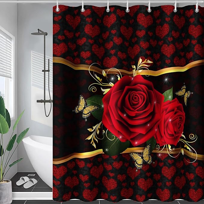 AILONEN Red Rose Shower Curtain for Bathroom, Romantic Flower Rose 3D Printed Valentine Wedding Bathroom Decor Hearts Curtain,72" W*84" H Polyester Waterproof Bath Curtain with 12 Hooks