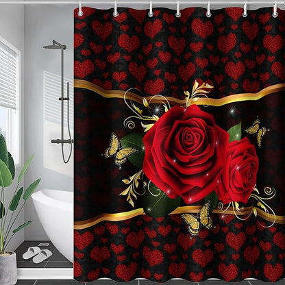 AILONEN Red Rose Shower Curtain for Bathroom, Romantic Flower Rose 3D Printed Valentine Wedding Bathroom Decor Hearts Curtain,72" W*84" H Polyester Waterproof Bath Curtain with 12 Hooks