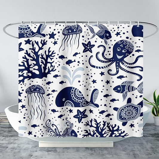 AILONEN Cartoon Dolphin Shower Curtain for Kids 72" W*72" H Inch,Blue Whales Octopuses Turtles Pattern Shower Curtain,Ocean Life Theme 12 Pack Hooks Polyester Waterproof Fabric Decor for Bathroom