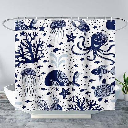 AILONEN Cartoon Dolphin Shower Curtain for Kids 72" W*78" H Inch,Blue Whales Octopuses Turtles Pattern Shower Curtain,Ocean Life Theme 12 Pack Hooks Polyester Waterproof Fabric Decor for Bathroom