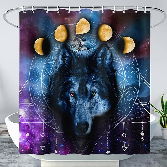 AILONEN Wolf Shower Curtain,Boho Moon Wolf Bath Curtain for Bathroom Decor,Galaxy Wolf Polyester Waterproof Whit 12 Plastic Hooks 48" W*72" H