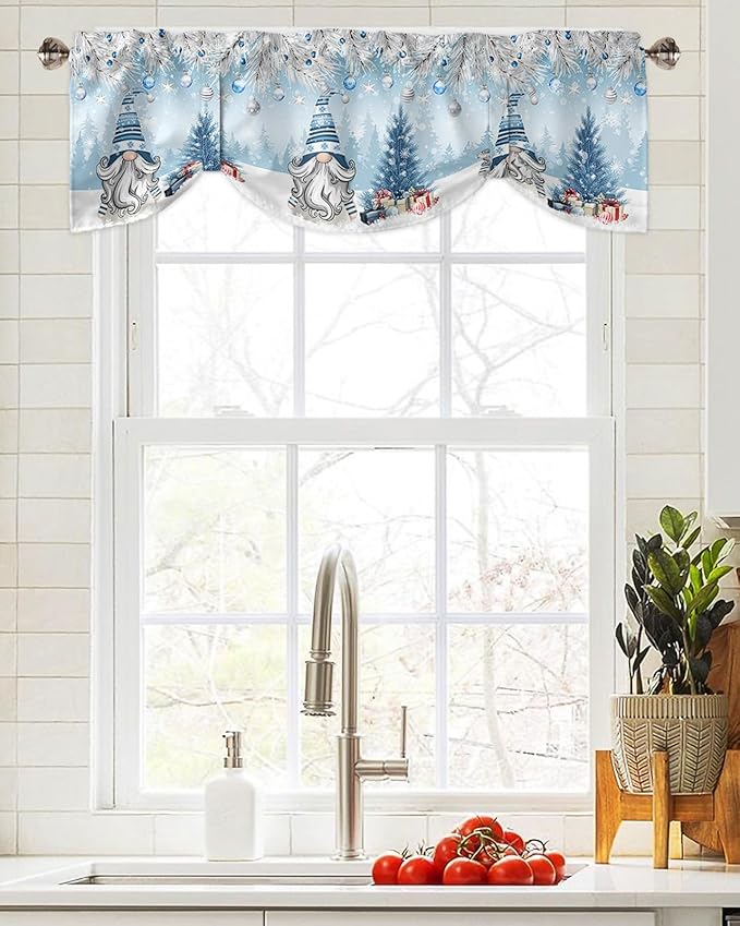 Christmas Gnome Blackout Tie Up Valance Curtains for Kitchen Windows Winter Merry Christmas Tree Balls Window Toppers Balloon Shades for Living Room/Bathroom/Bedroom,1 Panel, 54" X 18", Blue