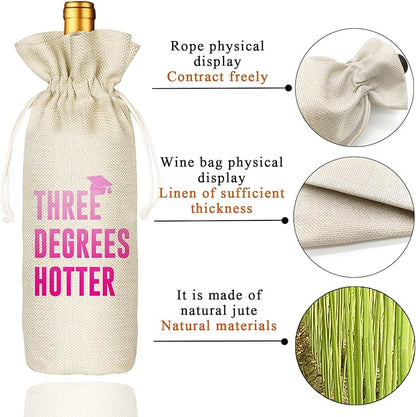 Graduation Three Degree Hotter,Funny Cute Wine Bag Gift,College Graduation Gift for Him Her Grad Masters Congrats Cap-Linen Drawstring Wine Bags(5SW116)