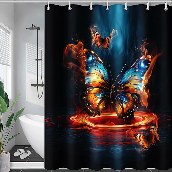AILONEN 3D Butterfly Shower Curtain,Fire and Ocean Butterfly Bath Curtain 72" W*96" H,Modern Abstract Art Butterfly Print Waterproof Bathroom Curtain with 12 Plastic Hooks for Girls Women