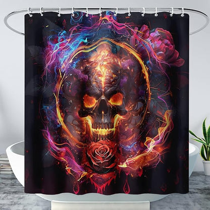 AILONEN Gothic Skull Shower Curtains for Bathroom,Red and Black Skeleton Sugar Skull Bath Curtain,Romantic Rose Flower Goth Skull Decor,Boys Men Curtain 12 Plastic Hooks Waterproof, 48" W x 72" H