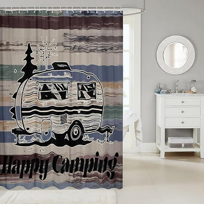 Feelyou Camper Shower Curtain Happy Camping Fabric Shower Curtain for Kids Boys Girls Wooden Rustic Bathroom Waterproof Accessories with 12 Hooks Rv Camping Curtains,72x72 Inches