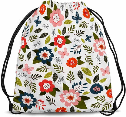 Drawstring Bag Sports Backpack Flowers Pattern Pink Butterflies Green Leaves Sutiable for Dance Sports Beach Short Travel Stroage 14x16.9 Inch