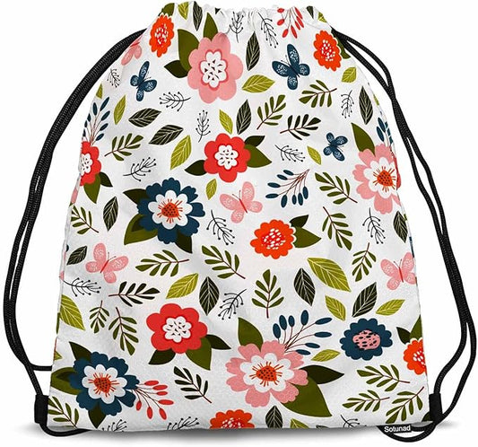 Drawstring Bag Sports Backpack Flowers Pattern Pink Butterflies Green Leaves Sutiable for Dance Sports Beach Short Travel Stroage 14x16.9 Inch