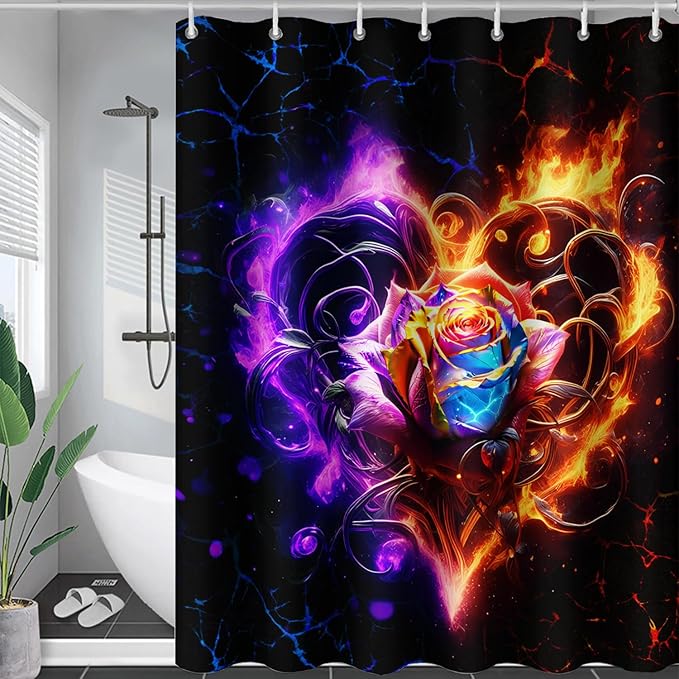 AILONEN Rose Shower Curtain for Bathroom,Purple Red Flame Fire Rose Hearts Print Bath Curtain,Modern Print Decoration Waterproof Shower Curtain with 12 Plastic Hooks, 48" W*72" H