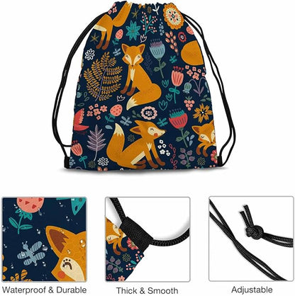 Drawstring Bag Cute Fox Waterproof Basketball Bag Colorful Flower Red Bird Autumn Plants Stroage Small Exercise Accessiors Water Bottle Change of Clothes Shoes Ball