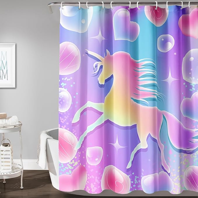 AILONEN Girls Unicorn Shower Curtain for Bathroom, Pink Hearts Rainbow Unicorn Bath Curtain,Cute Unicorn Kids Shower Curtain 60" W*72" H Polyester Waterproof Bathroom Curtain with 12 Hooks