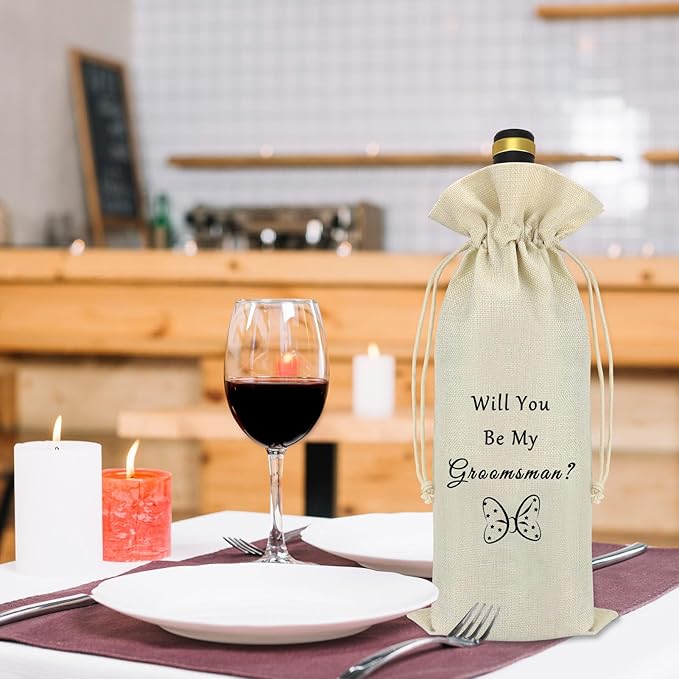 Groomsmen Proposal Gift Wine Bags Best Man Gifts Wedding Bachelor Party Gift for Groomsmen Best Man Friends from Groom Burlap Reusable Wine Gift Bags with Drawstrings Wine Bottle Bag
