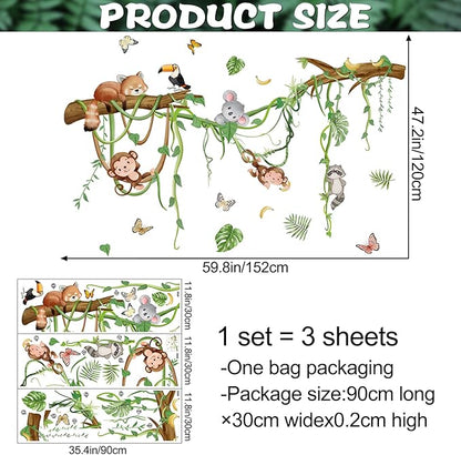 Removable Jungle Animals Wall Decals Peel and Stick Safari Monkey Climbing Tree Wall Stickers Vinyl Sloth Butterfly Vine Mural Art Decor for Kids Nursery Bedroom Living Room Sofa TV Wall