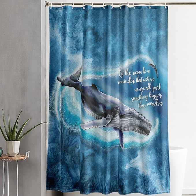 AILONEN 3D Whale Shower Curtain,Cute Whale Jumping Shower Curtain for Bathroom,3D Blue Ocean Animal Waterproof Fabric Shower Curtain Set with Hooks,36" W*72" H