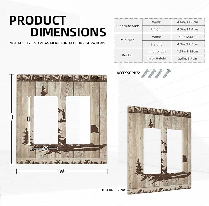 Rustic Wood Bear Forest 2 Gang Rocker Decora Light Switch Cover Decorative Vintage Antique Cabin Outlet Covers Wall Plate Electrical Faceplate Switchcovers GFCI for Farmhouse Bathroom Bedroom Decor