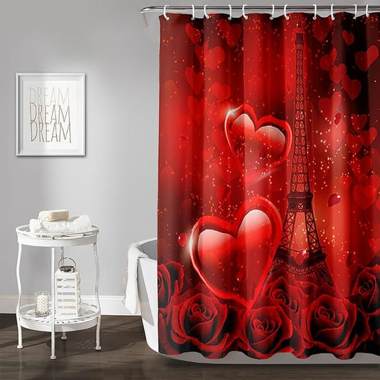AILONEN Red Rose Shower Curtain for Bathroom, Romantic Eiffel Tower Love Hearts Printed Bathroom Curtain,72" W*96" H Polyester Waterproof Bath Curtain with 12 Hooks