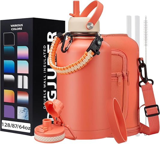 64oz Insulated Water-Bottle with Strap - Half Gallon Water Jug with Straw & Spout Lid, 2 Liter Stainless Steel Water Bottle Leak Proof, Cold-48h Hot-24h Metal Flask w/ Paracord Handle, Carrier Case