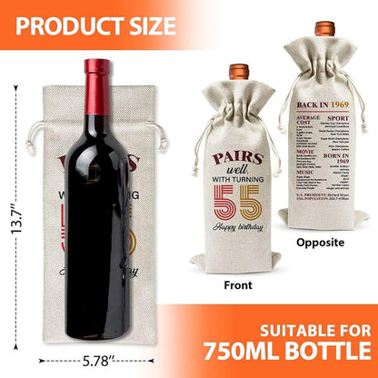 55th Birthday Wine Gift Bag For Best Friend Mom Dad Women Men, 1969 Birthday Gift, 55th Birthday Party Decor Favors, 55th Anniversary Wine Bag For Man Women Her, Pairs Well With Turning 55
