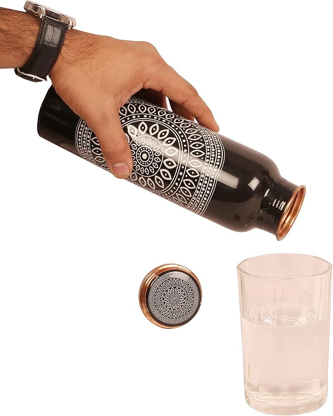 Pure Copper Water Bottle - Handcrafted - Ayurveda health benefits - Large 35 oz - Leak proof - Easy to carry for Sports, Fitness, Yoga, School - Ethnic Rangoli Inspired Black Base Enamel