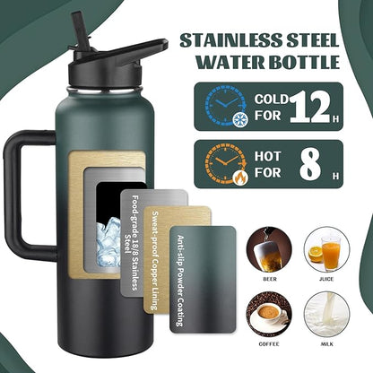 40oz Insulated Water Bottle with Handle, Stainless Steel Sports Metal Water Flask with Straw & 2 Leak Proof Lids, Double Walled Vacuum Wide Mouth Water Bottle for Travel,Camping,Gym (Dark Green Black)