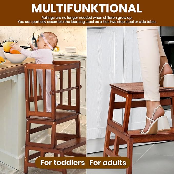 COSYLAND Kids Kitchen Step Stool, Toddler Standing Tower with CPC & FSC Certification, Removable Anti-Drop Railing Safety Rail Enjoys Unique Patented Design A Anti-tip Stable Structure Red Brown