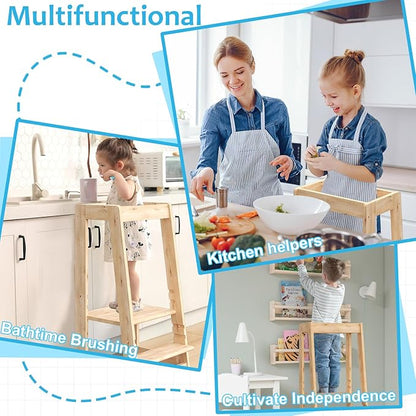 Kids Kitchen Step Stool, Step Stool for Toddlers, Adjustable Height Toddler Standing Tower, Anti-Slip Protection with guardrail, The Anti-Tipping Structure is More Stable (Natural)
