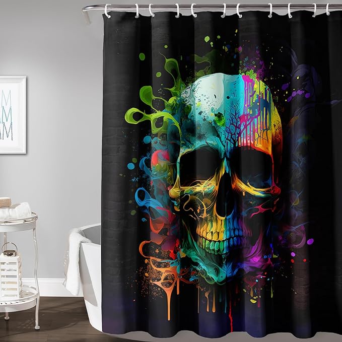 AILONEN Sugar Skull Shower Curtain for Bathroom,Watercolor Skull Bath Curtain Decoration,Minimalism Tie Dye Skeleton Print Waterproof Black Curtain with 12 Plastic Hooks, 36" W*72" H
