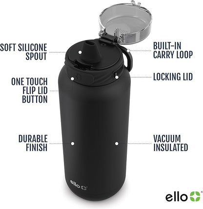 Ello Cooper 32oz Stainless Steel Water Bottle with Straw and Carry Handle, Double Walled and Vacuum Insulated Metal, Leak Proof Locking Lid with Soft Silicone Spout, Reusable, BPA Free, Black