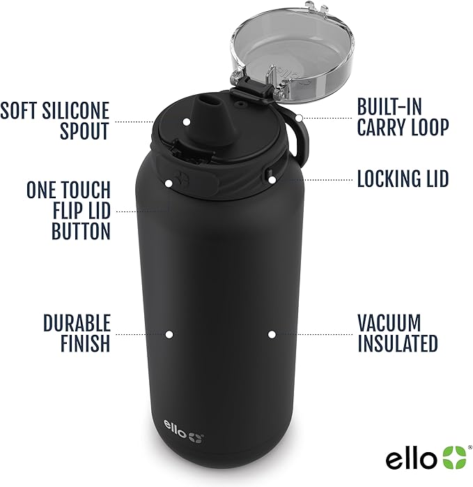 Ello Cooper 40oz Stainless Steel Water Bottle Vacuum Insulated with Straw and Carry Handle, Leak Proof Locking Lid with Soft Silicone Spout, Dishwasher Safe, Acorn Squash