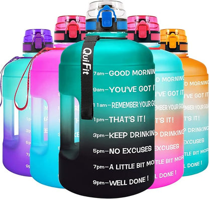QuiFit Motivational Gallon Water Bottle - with Time Marker & Infuser & Flip Top Leak-Proof Reusable Water Jug for Fitness Outdoor Sports Enthusiasts BPA Free (A8-Green/Black Gradient, 1 Gallon)