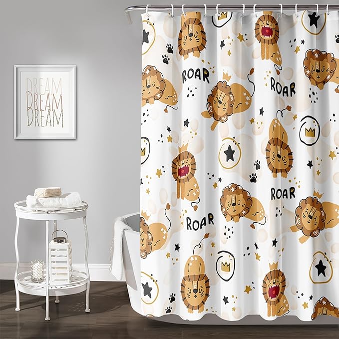 AILONEN Cute Lion Shower Curtain for Bathroom, Children Kwwaii Animal Bathroom Curtain Decor,Printed Bath Curtain for Boys Girls 48" W*72" H Polyester Waterproof Bathroom Curtain with 12 Hooks