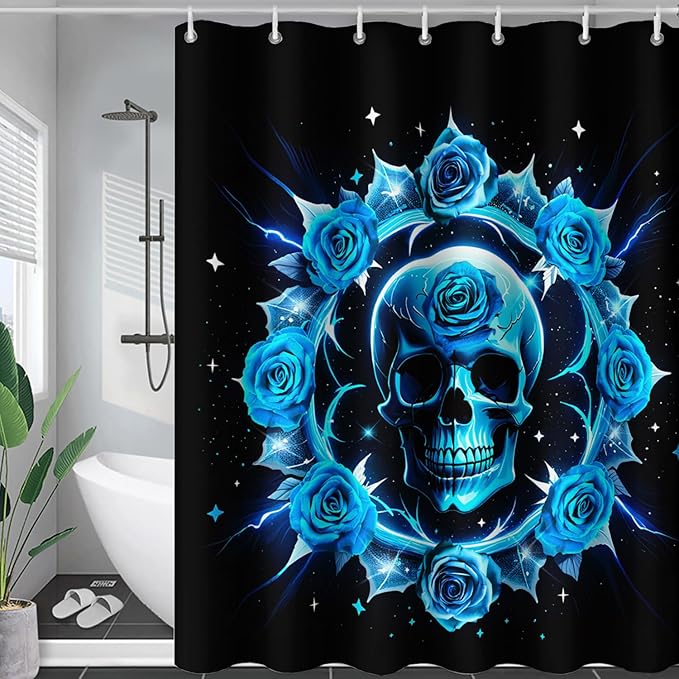 AILONEN Sugar Skull Shower Curtain for Bathroom,Blue Rose Flower Bath Curtain,Romantic Floral Skeleton Decor Bathroom Waterproof Curtain with 12 Plastic Hooks, 72" W*96" H