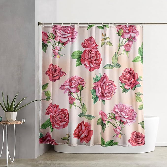 AILONEN Rose Shower Curtain, Watercolor Red Rose Theme Waterproof Shower Curtain Set,Dreamy Romantic Vintage Flower Bathroom Decors for Girls Teens Women,72" W*84" H