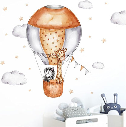 Waterproof Removable Vinyl PVC Hot Air Balloon Zebra Giraffe Safari Animal Wall Decal Wall Sticker Decor Wallpaper Peel Art for Nursery Kidsroom School Classroom Livingroom Bedroom Bathroom